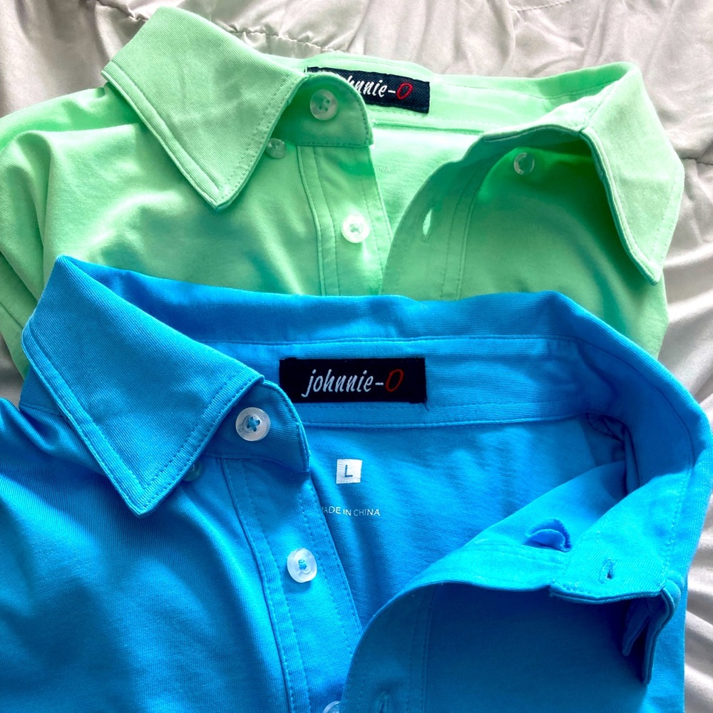 Two (2) - A Pair of Johnnie O golf shirts in Light green and Royal blue. Both L